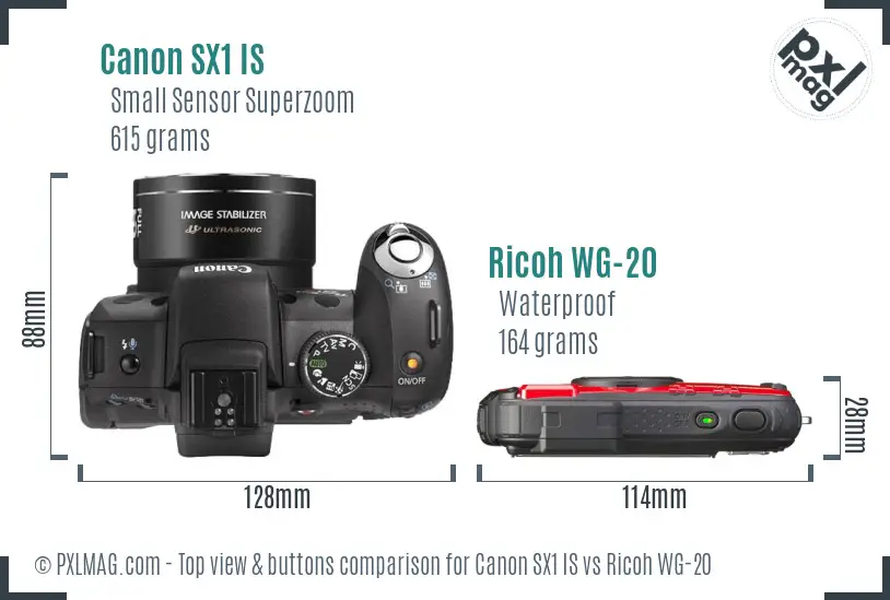 Canon SX1 IS vs Ricoh WG-20 top view buttons comparison