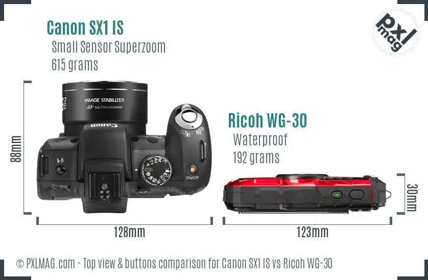 Canon SX1 IS vs Ricoh WG-30 top view buttons comparison