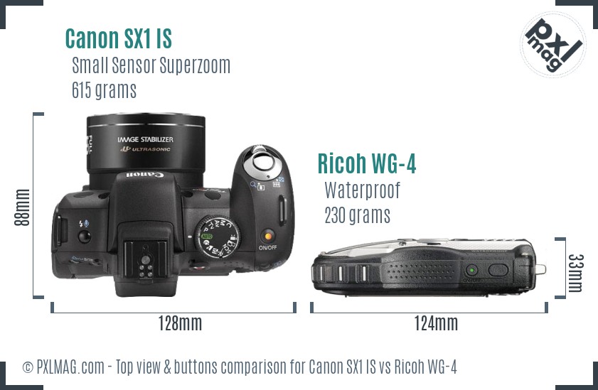 Canon SX1 IS vs Ricoh WG-4 top view buttons comparison