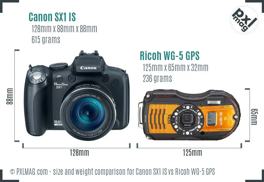 Canon SX1 IS vs Ricoh WG-5 GPS size comparison Canon SX1 IS vs Ricoh WG-5 GPS size comparison