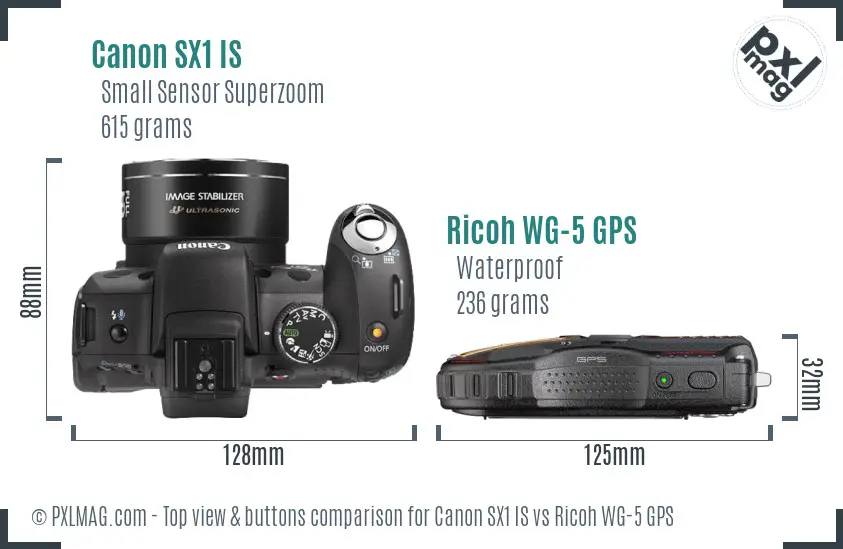 Canon SX1 IS vs Ricoh WG-5 GPS top view buttons comparison Canon SX1 IS vs Ricoh WG-5 GPS top view buttons comparison
