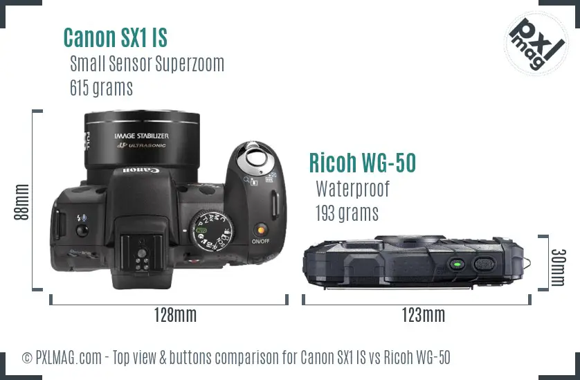 Canon SX1 IS vs Ricoh WG-50 top view buttons comparison