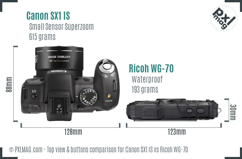 Canon SX1 IS vs Ricoh WG-70 top view buttons comparison Canon SX1 IS vs Ricoh WG-70 top view buttons comparison