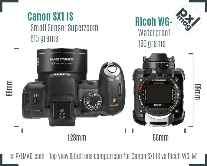 Canon SX1 IS vs Ricoh WG-M1 top view buttons comparison