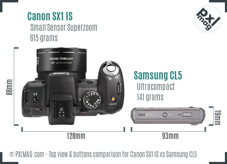 Canon SX1 IS vs Samsung CL5 top view buttons comparison