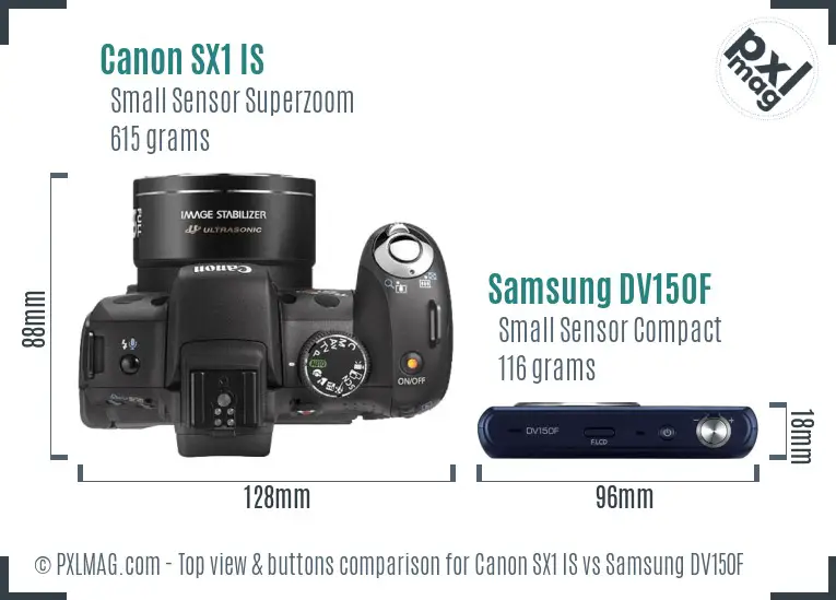 Canon SX1 IS vs Samsung DV150F top view buttons comparison