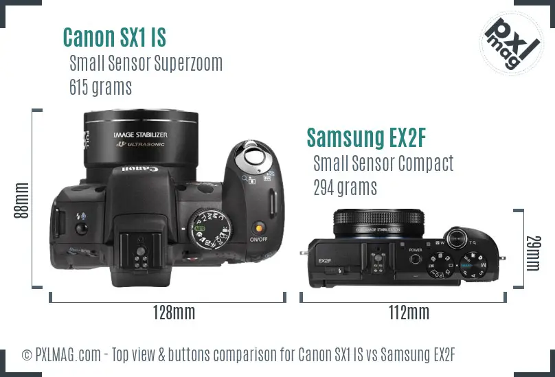 Canon SX1 IS vs Samsung EX2F top view buttons comparison