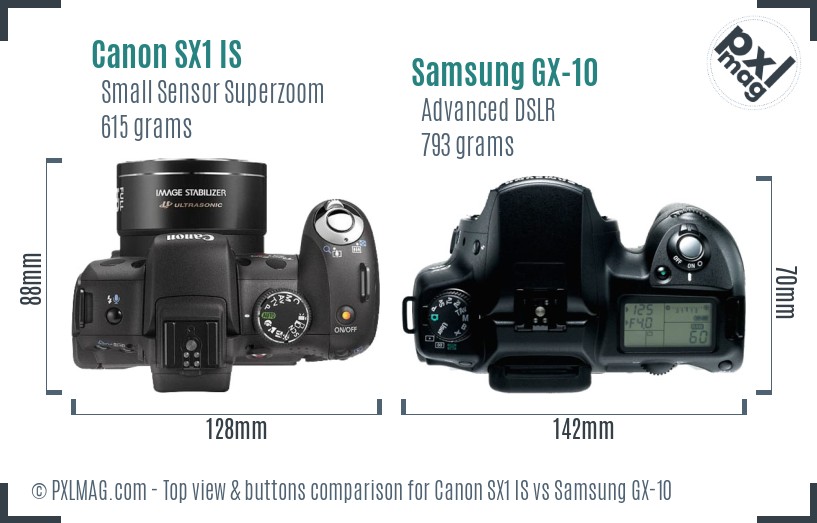 Canon SX1 IS vs Samsung GX-10 top view buttons comparison