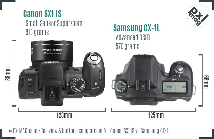 Canon SX1 IS vs Samsung GX-1L top view buttons comparison
