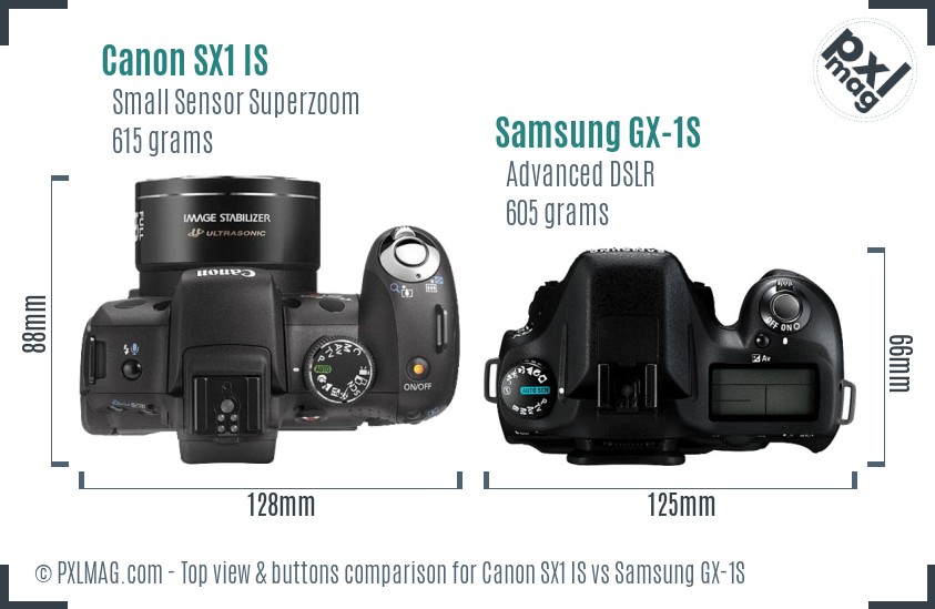 Canon SX1 IS vs Samsung GX-1S top view buttons comparison