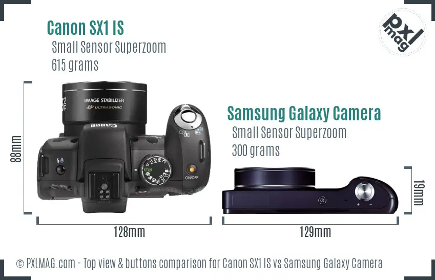 Canon SX1 IS vs Samsung Galaxy Camera top view buttons comparison