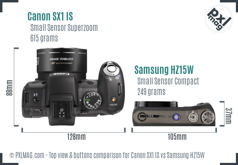 Canon SX1 IS vs Samsung HZ15W top view buttons comparison