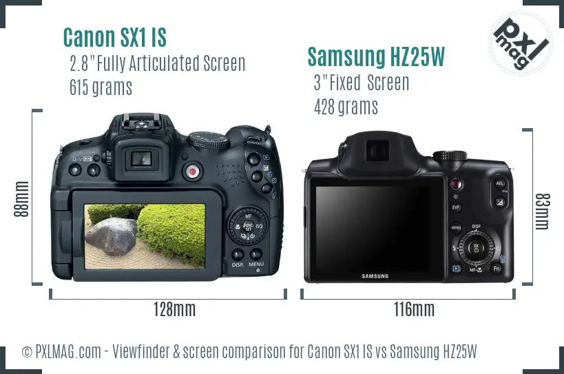 Canon SX1 IS vs Samsung HZ25W Screen and Viewfinder comparison