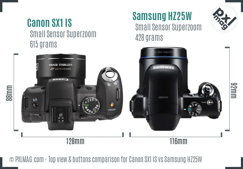 Canon SX1 IS vs Samsung HZ25W top view buttons comparison