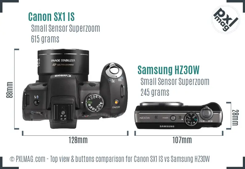 Canon SX1 IS vs Samsung HZ30W top view buttons comparison