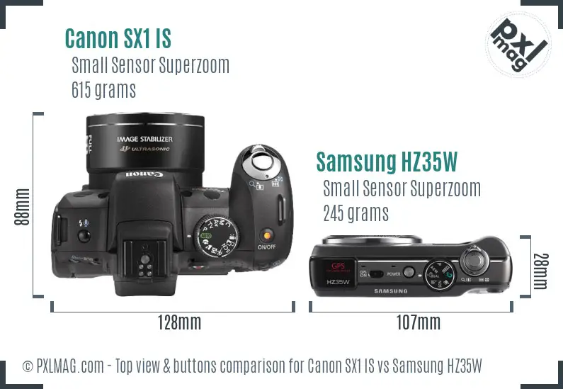 Canon SX1 IS vs Samsung HZ35W top view buttons comparison