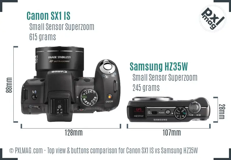 Canon SX1 IS vs Samsung HZ35W top view buttons comparison Canon SX1 IS vs Samsung HZ35W top view buttons comparison