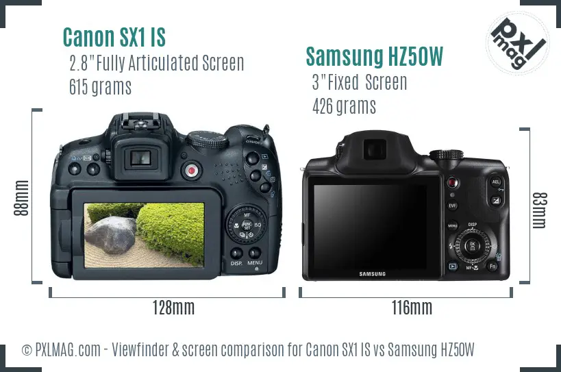 Canon SX1 IS vs Samsung HZ50W Screen and Viewfinder comparison