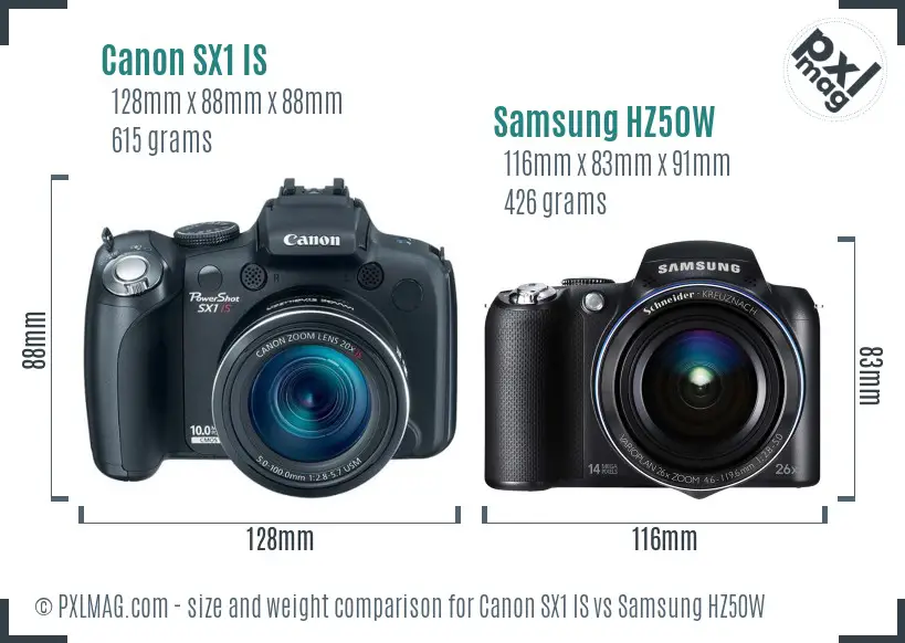 Canon SX1 IS vs Samsung HZ50W size comparison