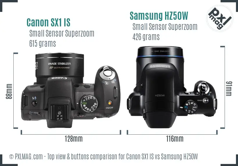 Canon SX1 IS vs Samsung HZ50W top view buttons comparison