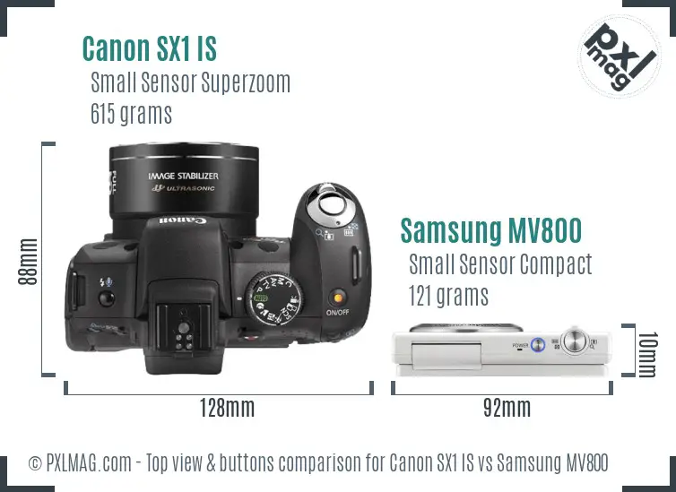 Canon SX1 IS vs Samsung MV800 top view buttons comparison Canon SX1 IS vs Samsung MV800 top view buttons comparison