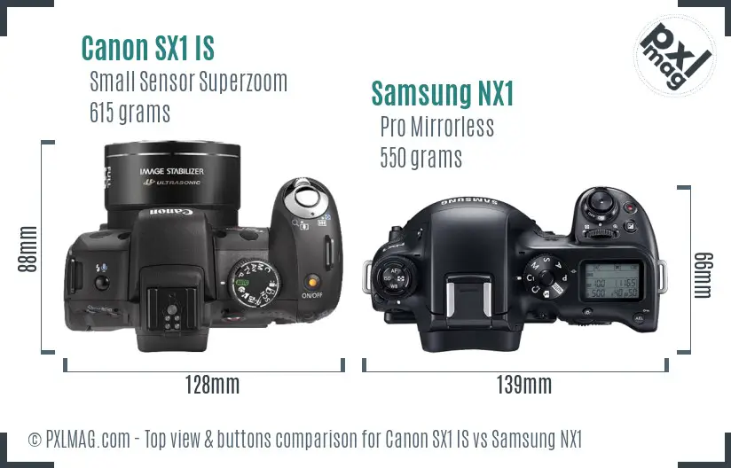 Canon SX1 IS vs Samsung NX1 top view buttons comparison Canon SX1 IS vs Samsung NX1 top view buttons comparison