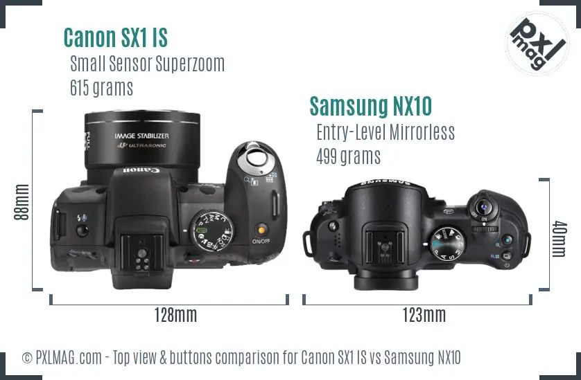 Canon SX1 IS vs Samsung NX10 top view buttons comparison