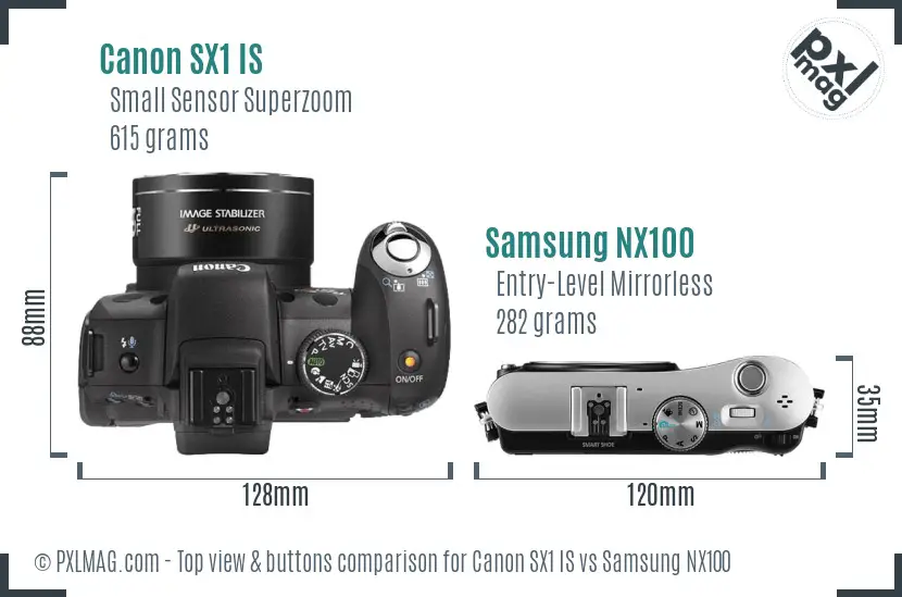 Canon SX1 IS vs Samsung NX100 top view buttons comparison