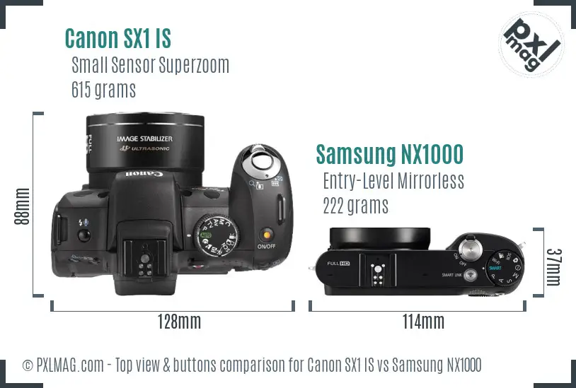 Canon SX1 IS vs Samsung NX1000 top view buttons comparison Canon SX1 IS vs Samsung NX1000 top view buttons comparison