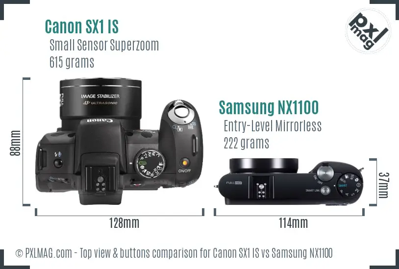 Canon SX1 IS vs Samsung NX1100 top view buttons comparison