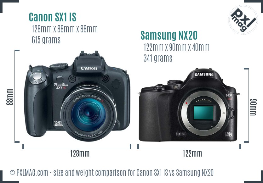 Canon SX1 IS vs Samsung NX20 size comparison