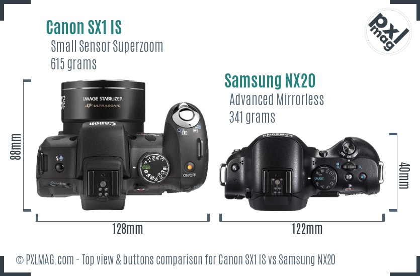 Canon SX1 IS vs Samsung NX20 top view buttons comparison