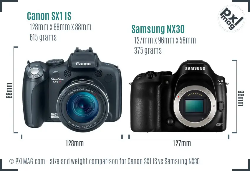 Canon SX1 IS vs Samsung NX30 size comparison