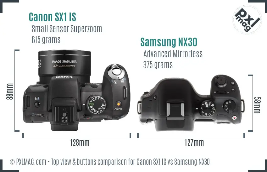Canon SX1 IS vs Samsung NX30 top view buttons comparison