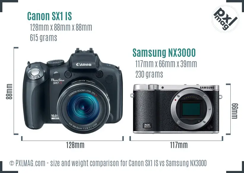 Canon SX1 IS vs Samsung NX3000 size comparison