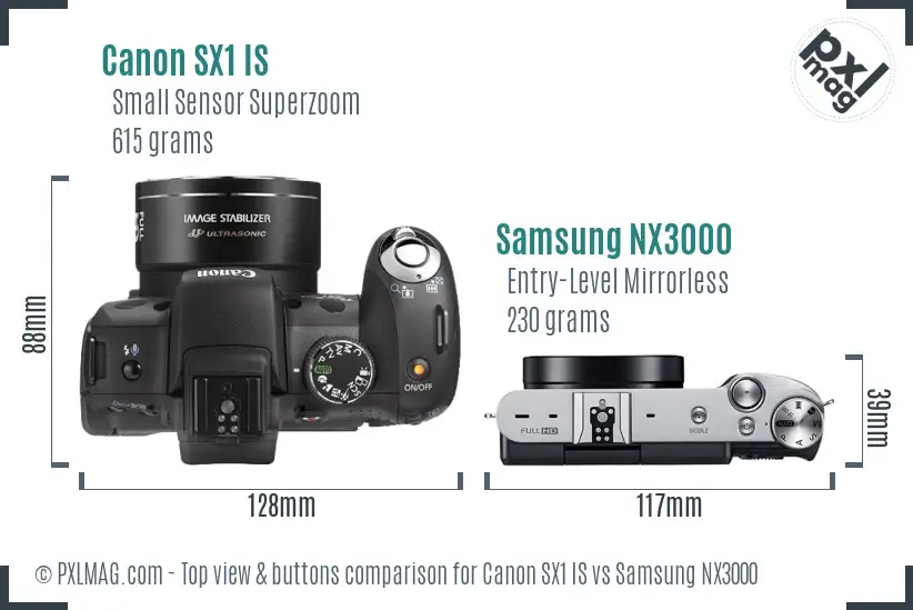 Canon SX1 IS vs Samsung NX3000 top view buttons comparison