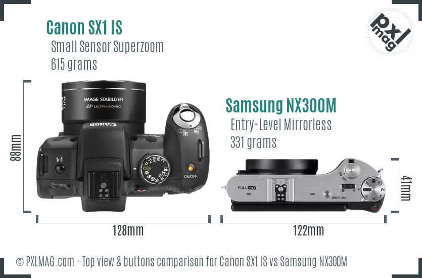 Canon SX1 IS vs Samsung NX300M top view buttons comparison Canon SX1 IS vs Samsung NX300M top view buttons comparison