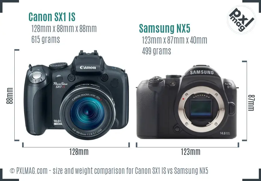 Canon SX1 IS vs Samsung NX5 size comparison