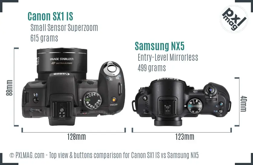Canon SX1 IS vs Samsung NX5 top view buttons comparison