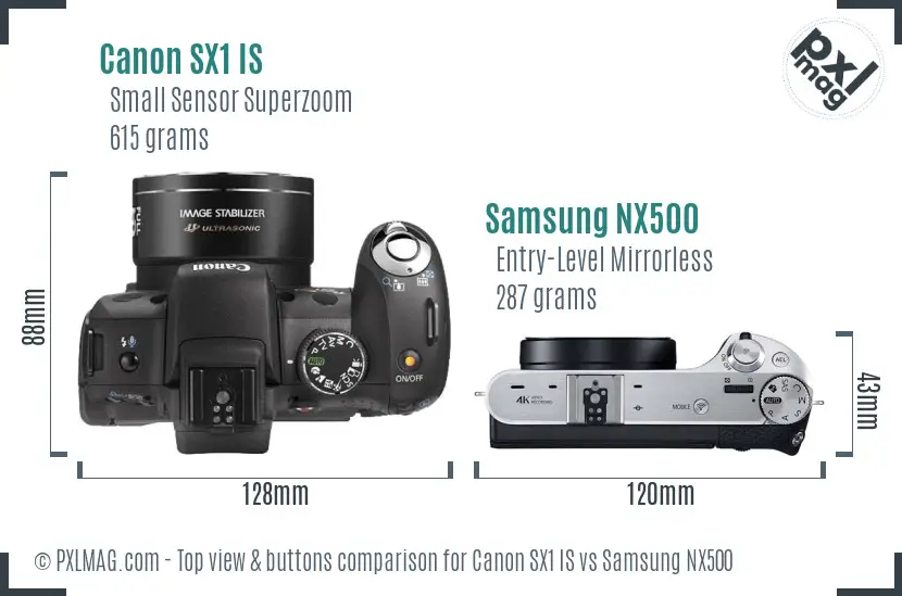 Canon SX1 IS vs Samsung NX500 top view buttons comparison