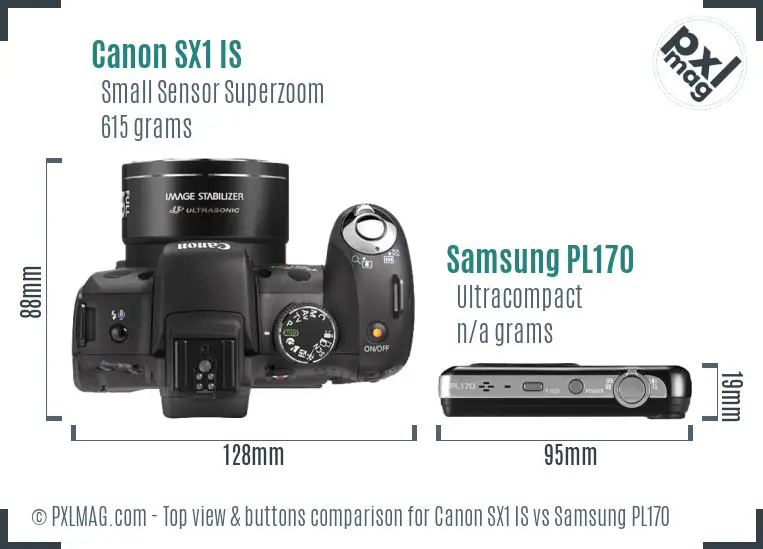 Canon SX1 IS vs Samsung PL170 top view buttons comparison