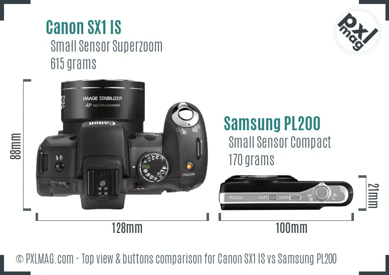 Canon SX1 IS vs Samsung PL200 top view buttons comparison