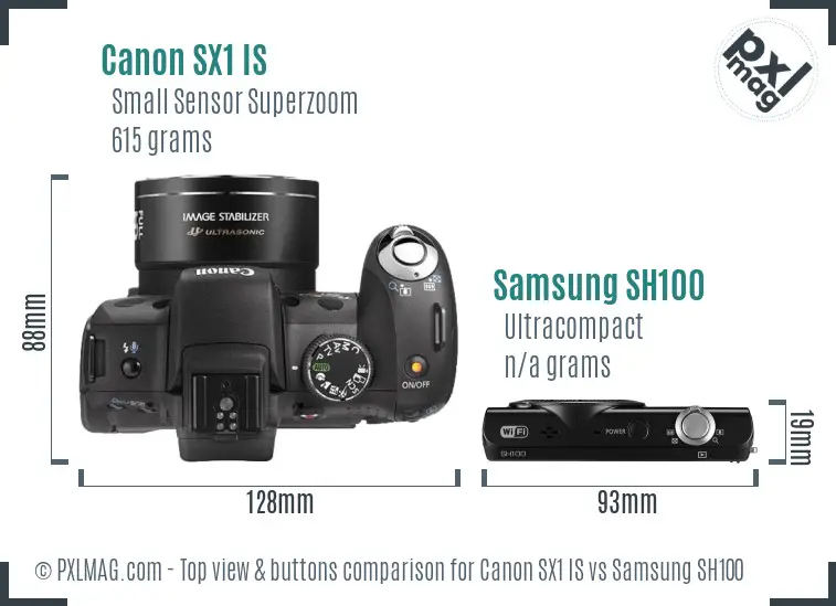 Canon SX1 IS vs Samsung SH100 top view buttons comparison