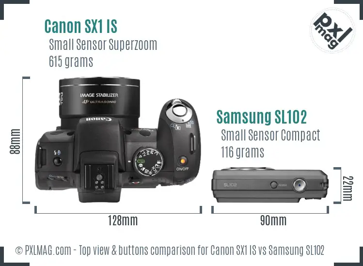 Canon SX1 IS vs Samsung SL102 top view buttons comparison Canon SX1 IS vs Samsung SL102 top view buttons comparison