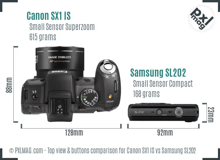 Canon SX1 IS vs Samsung SL202 top view buttons comparison Canon SX1 IS vs Samsung SL202 top view buttons comparison