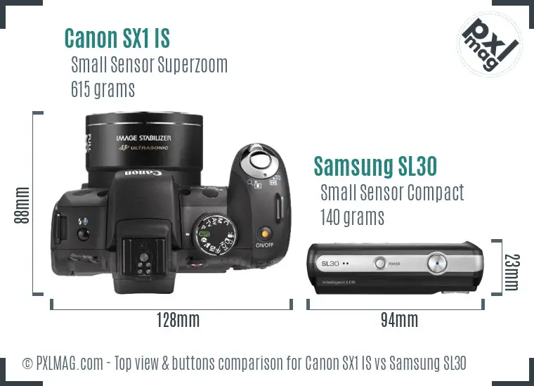 Canon SX1 IS vs Samsung SL30 top view buttons comparison Canon SX1 IS vs Samsung SL30 top view buttons comparison