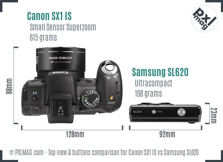 Canon SX1 IS vs Samsung SL620 top view buttons comparison