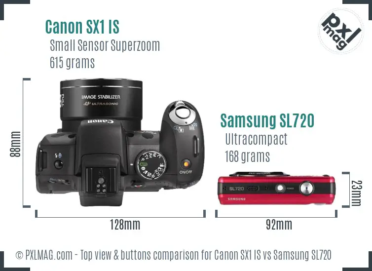 Canon SX1 IS vs Samsung SL720 top view buttons comparison