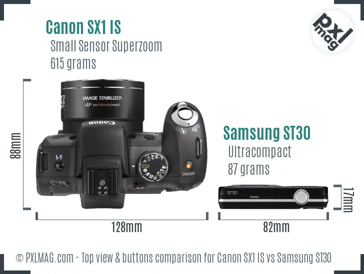 Canon SX1 IS vs Samsung ST30 top view buttons comparison