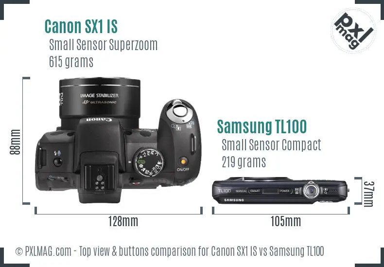 Canon SX1 IS vs Samsung TL100 top view buttons comparison Canon SX1 IS vs Samsung TL100 top view buttons comparison